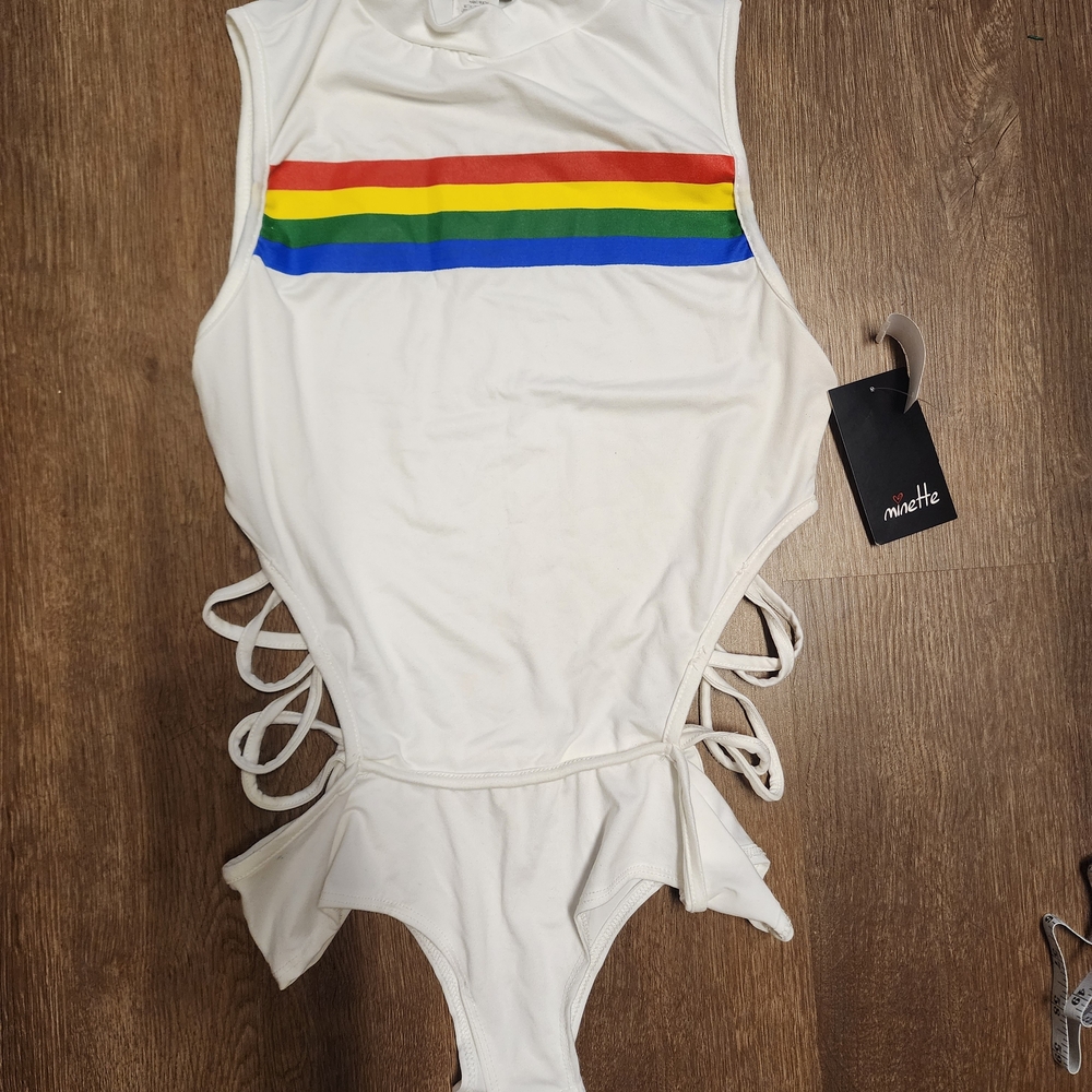Minette White Rainbow Stripe Bodysuit